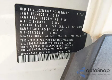 2015 Volkswagen Tiguan S из США, поврежденный, VIN WVGAV7AXXFW571961